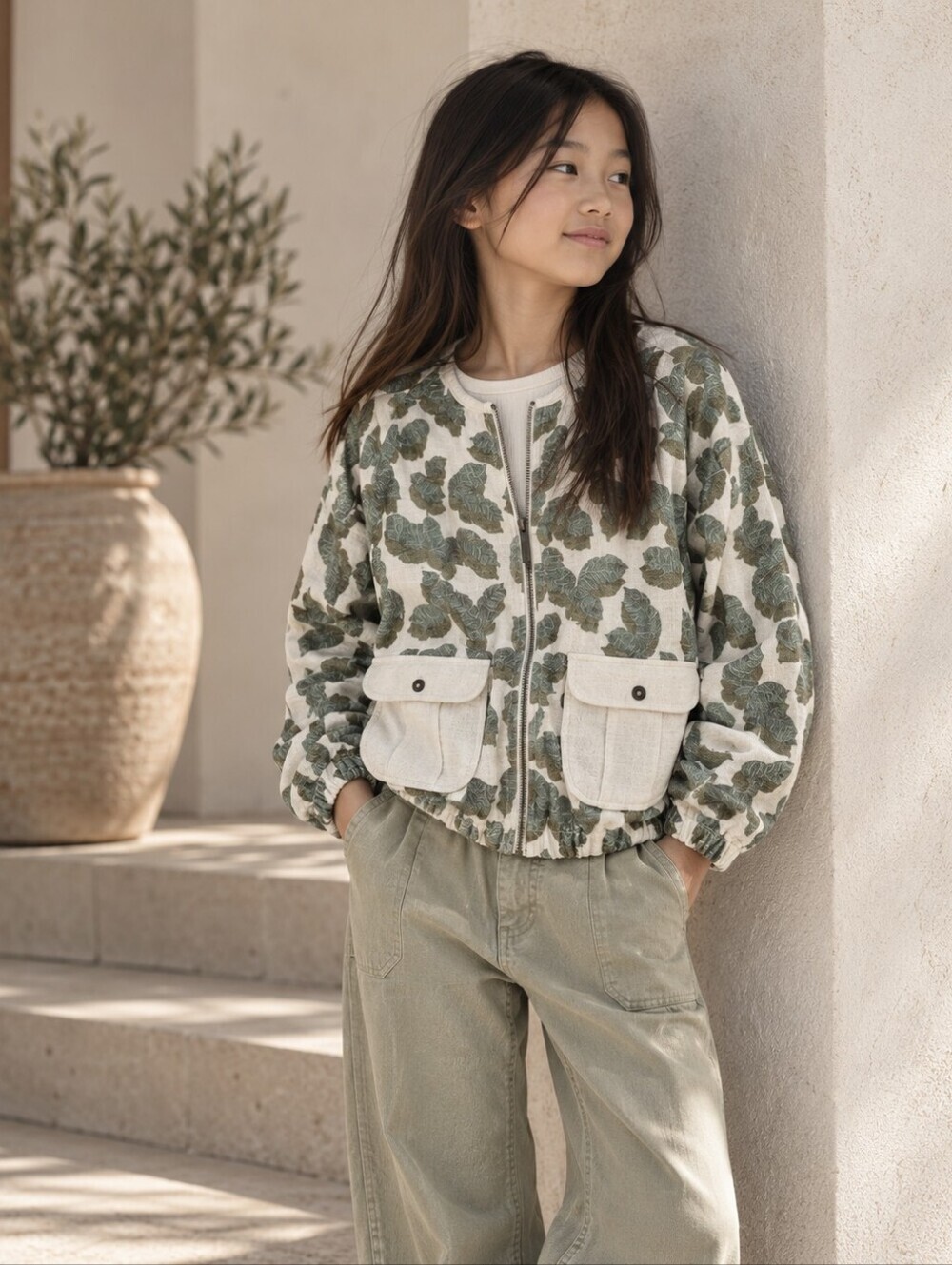 Zara Girls Botanical Leaf Print Utility Bomber Jacket Green Cream 11-12Y NWT